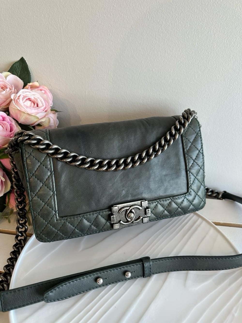 Chanel Gray Leather Medium Reverso Boy Bag